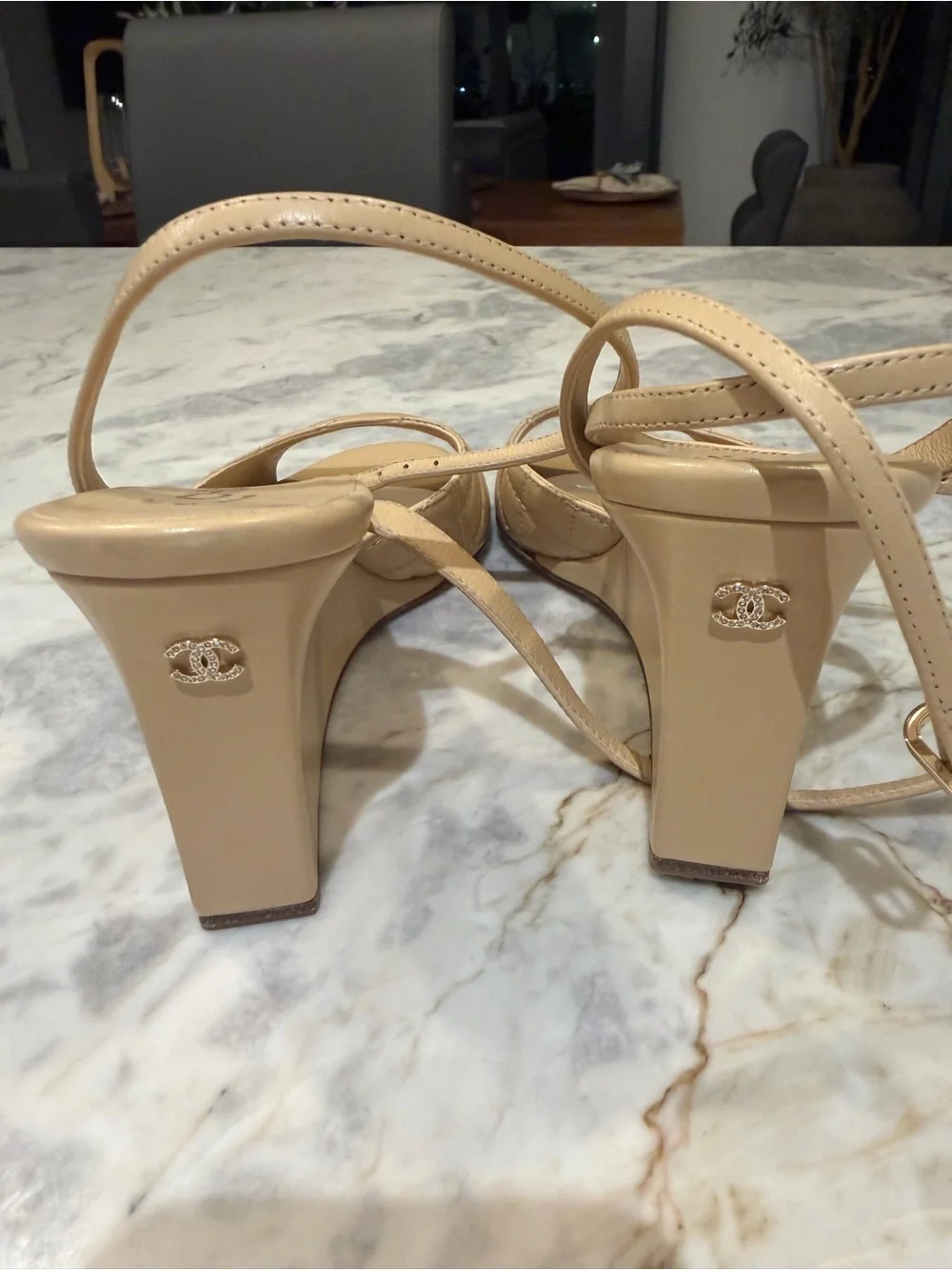 CHANEL Beige Quilted Leather Open-Toe wedge sandal